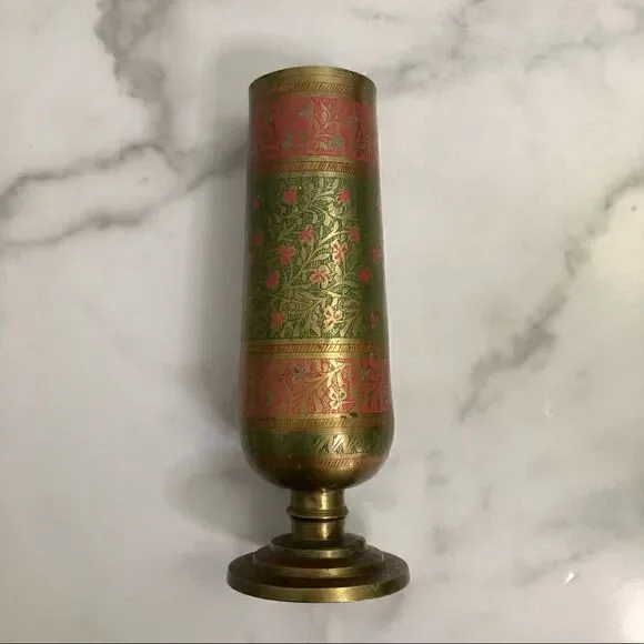 Vintage Etched Enamel Brass Footed Urn/Vase Red and Green Floral - Picture 10 of 10